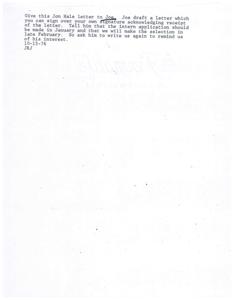 ["The document from Jon Hale to James R. Jones expresses interest in an internship program for college-age individuals to work with a congressman. Jon is planning to enroll at the University of Kansas in fall 1977 and has also applied to the University of Oklahoma. He is interested in working for the government and asks for consideration for the internship program. The document asks for a response to remind them of Jon's interest."]