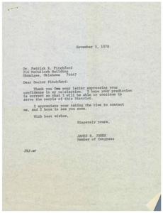 ["Dr. Patrick Pitchford wrote a letter to James R. Jones expressing confidence in his re-election. James R. Jones thanked Dr. Pitchford for his support and hoped to continue serving the people of the District. Dr. Pitchford wished James R. Jones success in the election and signed the letter as his friend."]