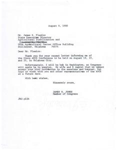 ["Mr. James S. Plaxico invited Honorable James R. Jones to the State ASCS Conference in Oklahoma City on August 18-20, but Mr. Jones declined as he would be in Washington for Congress. He expressed regret and hopes to visit in the future."]