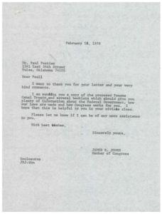 ["Mr. Paul Postier wrote a letter to James R. Jones, a Member of Congress, expressing his support for keeping the Panama Canal and requesting materials to help with his civics class. In response, Jones thanked Postier for his comments, sent him a copy of the proposed Panama Canal Treaty, and other booklets to provide information on the Federal Government, laws, and Congress. Jones offered further assistance if needed."]