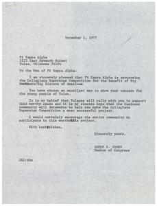 ["Congressman James R. Jones commends Pi Kappa Alpha for sponsoring the Collegiate Superstar Competition for the benefit of Big Brothers/Big Sisters of America in Tulsa, Oklahoma. He expresses his belief that the community will support the cause and encourages participation from the business community. Jones urges the entire community to get involved in the project."]