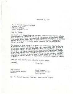 ["The document is informing the President of the University of Tulsa about Pi Kappa Alpha's plan for a National Collegiate Superstars Competition to raise funds for Big Brothers/Big Sisters of America. The fraternity seeks the university's support and permission to use their athletic facilities for the program. Senators John Sparkman and Strom Thurmond also express their support for the fundraising effort."]
