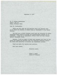 ["The document is a response to a petition sent by Mr. Pendergrass urging the removal of Andrew Young as Ambassador to the United Nations. The congressman explains that the only way Ambassador Young could be removed is through impeachment, and since no impeachable offense has been charged against him, there is no basis for removal. The congressman offers to share the petition with the Judiciary Committee members for their consideration."]