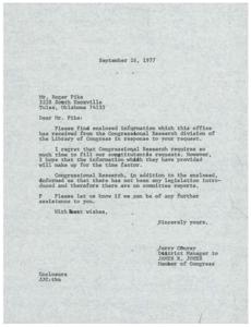 ["The document is a response to Mr. Roger Pike's request for information from the Congressional Research division of the Library of Congress. The document states that there has been no legislation introduced and therefore no committee reports available. The sender offers further assistance if needed."]