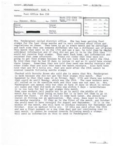 ["Mrs. Pendergrast called the district office regarding confusion with food stamp rules and regulations. Despite providing additional information on time, they were told they would not receive food stamps for the month. Case workers were overwhelmed with work and did not process their case in time. Mrs. Pendergrast was advised to apply for benefits around the first of the month and to make sure to have receipts for two months. Additionally, medical bills paid after the 20th cannot be counted towards the following month's food stamps."]