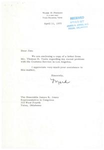 ["Mark D. Poteet received a letter from Thomas N. Teela of the United States Customs Service in Los Angeles regarding an issue with duty charged upon his arrival in Los Angeles. After reviewing Poteet's declaration, it was determined that he was incorrectly assessed duty and a refund of $16.58 will be prepared. Teela apologized for the inconvenience and explained that the error was made by an inexperienced inspector who has since received additional training to prevent future mistakes. Poteet thanked James R. Jones, a representative in Congress, for his assistance in the matter."]