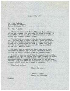 ["The document is a response to Mr. Padgett's interest in a security job at a minimum security prison. It explains that these jobs are chosen through the Civil Service merit system and cannot be appointed by the President or Congress. Mr. Jones encourages Mr. Padgett to go through the proper procedures to become qualified through the Civil Service system."]