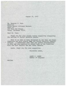 ["The document is a response to a suggestion to stagger the mailing of Social Security checks. The idea has been discussed in the Ways and Means Committee and with the Social Security Administration. They are considering the suggestion and will report back with cost factors and impacts. The document thanks Mr. Pope for the suggestion."]