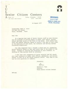 ["The director of Tulsa Senior Citizen Centers wrote to Congressman James R. Jones suggesting that Social Security checks be staggered to ease confusion and long waiting times at banks, post offices, and stores at the beginning of each month. The director believes this change would benefit both recipients and businesses."]
