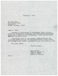 ["The document is a response to Mr. Bob Paine's request for information about Congressman James R. Jones, including a biographical sketch and a picture. The District Manager, Jerry Conrey, has enclosed the requested materials and offers further assistance if needed."]