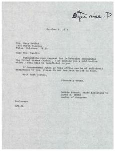 ["The document is in response to Mrs. Gary Pruitt's request for information about the United States Capitol. The sender, Debbie Branch, is providing a publication on the topic and offers further assistance if needed. The document is signed by James R. Jones, a Member of Congress."]