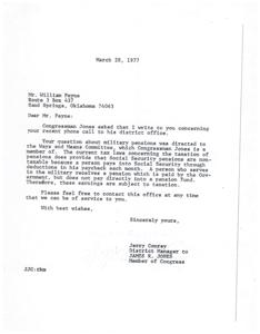 ["The document is a response to Mr. William Payne's inquiry about military pensions and taxation. It explains that military pensions are subject to taxation because they are not funded by individual contributions like Social Security pensions. Congressman Jones is a member of the Ways and Means Committee and the letter offers assistance if needed."]