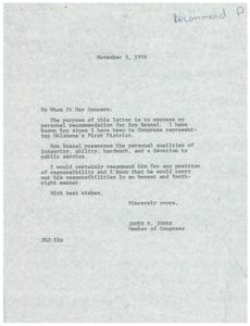 ["The document is a personal recommendation for Ron Roszel, stating that he possesses qualities of integrity, ability, hard work, and devotion to public service. The writer, James R. Jones, a Member of Congress, recommends Ron for any position of responsibility, believing that he would carry out his responsibilities honestly and forthrightly."]