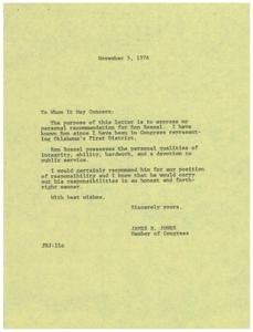 ["Congressman James R. Jones is writing a letter of recommendation for Ron Roszel, whom he has known since representing Oklahoma's First District. He speaks highly of Ron's personal qualities and recommends him for any position of responsibility, confident that Ron would fulfill his duties honestly and effectively."]