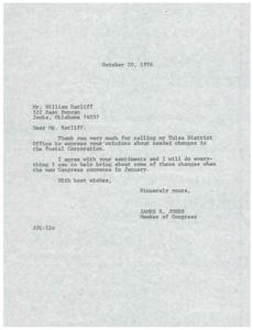 ["Mr. William Ratliff expressed his opinions about needed changes in the Postal Corporation to Congressman James R. Jones. Congressman Jones agreed with Mr. Ratliff's sentiments and promised to work towards implementing some of these changes when the new Congress convenes in January."]