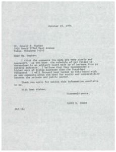 ["Mr. Jones is responding to Mr. Hughes' comments about pay raises, noting that they are timely and necessary. He mentions that the schedule of pay raises is determined by an advisory board and that he will forward Mr. Hughes' letter to the board with his own comments. Mr. Jones thanks Mr. Hughes for the information and expresses his best wishes."]