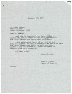 ["The document is from James R. Jones, a Member of Congress, to Mr. James Malone regarding an issue with sick leave for Postal Service employees. Jones acknowledges the problem and assures Malone that his staff will look into the matter and work towards making the policy more fair and less burdensome. Jones thanks Malone for bringing the issue to his attention."]