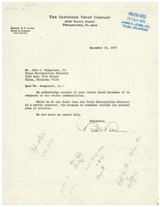 ["The Glenmede Trust Company received a letter from the Tulsa Metropolitan Ministry requesting support, but they declined as the program is outside their area of activity."]