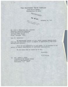 ["The Glenmede Trust Company received a request for funds from the Tulsa Metropolitan Ministry but declined to provide support as it goes against their policy to support associations or individual organizations. They express sympathy for the ministry's needs but regret that they cannot be of assistance."]