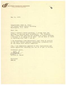 ["The document is a letter from Willard W. Mason to Congressman James R. Jones expressing concern about proposed legislation by the House Post Office Committee. The legislation would require charities to disclose how they use funds raised through mail solicitations. The document also mentions a strike affecting the nation's tire supply and negotiations at a conference regarding maritime rights and pollution. Additionally, the text briefly discusses a recommendation for Niagara Mohawk Power Corp to raise electric and natural gas rates."]
