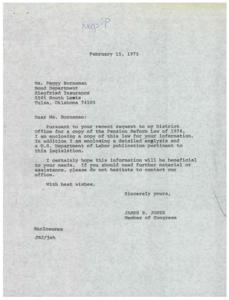 ["The sender, James R. Jones, is responding to a request from Ms. Peggy Borneman for a copy of the Pension Reform Law of 1974. James R. Jones is providing the requested information along with additional analysis and a publication from the United States Department of Labor. He expresses hope that the information will be beneficial and offers further assistance if needed."]