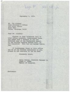 ["The document is from Jerry Conrey, District Manager to Congressman James R. Jones, who is forwarding a copy of the Conference Report on the Private Pension Reform bill to Mr. Jim Lindsey at the City Attorney's Office in Tulsa, Oklahoma. Congressman Jones and his office are available for further assistance if needed."]