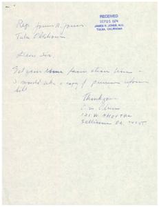 ["The document is a request from O.M. Olson to Representative  James R. Jones for a copy of the prison reform bill. It was received on September 25, 1974 in Tulsa, Oklahoma."]