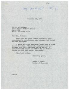 ["The document is from James R. Jones, a Member of Congress, to Dr. W. R. Coutant expressing agreement with his opposition to a proposed pay increase for United Nations employees, stating that they are already the highest paid civil servants in the world and that Jones will oppose any effort by the United States to fund such salary increases."]