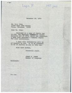 ["R.A. Glen requested a copy of the Employee Retirement Income Security Act of 1974 from Representative James R. Jones, who promptly provided the requested documents along with a summary report. Glen expressed gratitude for the information received."]