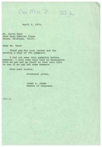 ["The document is a letter from a member of Congress, James R. Jones, to Mr. Keith Ward regarding a pamphlet he received. The document expresses gratitude for the pamphlet and states that the issue will be looked into by Jones' staff. The document also discusses various topics such as the economy, the Bible, patriotism, and the need for the United States to return to its Christian principles. The document includes the perspective of a missionary on various social and political issues, advocating for a return to faith and morality in the country."]
