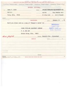 ["A speed letter was sent from Evans Pipeline Equipment Co. to James R. Jones requesting a copy of the \"Shopper's Guide.\" The document was received on January 17, 1975, and a reply was sent on January 20, 1975. The document was sent with a \"Snap-A-Way\" form and instructions to retain the white copy and return the pink copy."]