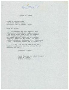 ["The document is informing Chief of Police Hunt that he should contact Mr. Homer Carter regarding surplus property. The contact information for Mr. Carter is provided, and the sender offers further assistance if needed."]