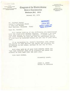 ["The document is from James R. Jones, a member of Congress representing the First District of Oklahoma. He is responding to a letter from Mr. Raymond Panter regarding a claim with Roadway Express. Jones expresses regret over the delay in resolving the issue and offers further assistance if needed. He also acknowledges Panter's appreciation for his efforts in cutting red tape."]