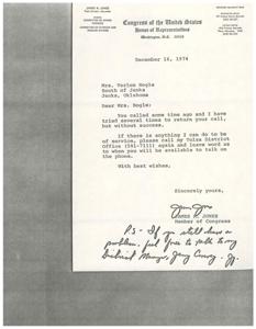 ["James R. Jones, a member of Congress from Oklahoma, wrote a letter to Mrs. Verlon Bogle in response to her phone call. He was unable to reach her and asked her to contact his office again to schedule a phone call. Jones also offered assistance through his district manager, Jerry Conny Jr., if Mrs. Bogle still had a problem."]