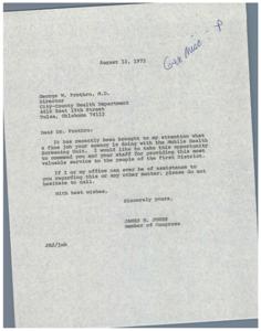 ["Congressman James R. Jones commends Dr. Prothro and the City-County Health Department for their work with the Mobile Health Screening Unit in the First District. He offers his assistance and support for any future matters."]