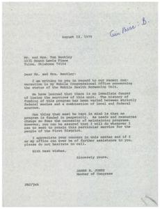 ["The document from Congressman James R. Jones reassures Mr. and Mrs. Bentley that the Mobile Health Screening Unit is not in immediate danger of losing funding. Jones explains that funding for programs can change based on needs and resources, but he will work to retain the service for the people of the First District. Jones appreciates their concern and offers further assistance if needed."]