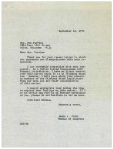 ["Mrs. Purvine expressed disappointment with auto inspection in a letter to Congressman James R. Jones. Jones sympathized with her complaint but stated he has no direct control over the matter as it is a state law in Oklahoma. He promised to pass along her concerns to members of the Oklahoma State Legislature and offered further assistance if needed."]
