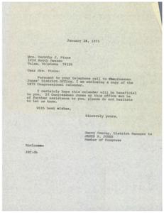 ["Mrs. Pinos received a letter from Congressman Jones' District Office enclosing a copy of the 1975 Congressional calendar in response to her phone call. The document also offers further assistance if needed."]