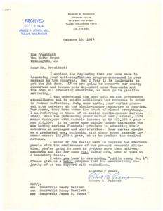 ["Robert B. Paddock, an attorney, writes to President James R. Jones expressing support for the anti-stagflation program but believes it is inadequate. He suggests implementing gasoline rationing to reduce dependency on foreign oil. Paddock also criticizes the surtax proposal, arguing that it disproportionately affects middle-income taxpayers. He urges the President to propose more comprehensive measures and mandatory sacrifices to address the economic situation. Paddock requests a total program that can be supported by the majority of Americans."]