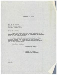 ["Two letters are being exchanged between Congressman James R. Jones and Mr. H. R. Perot, as well as Mr. and Mrs. Donald Padgett. Both letters express gratitude for support and assistance provided by the recipients."]
