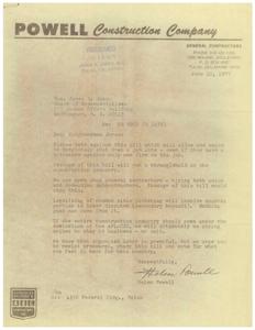 ["The document is from Powell Construction Company to Congressman James R. Jones urging him to vote against bill HR 5900 (S 1479) which would allow unions to shut down job sites. The company is concerned that the bill would have a negative impact on the construction industry and their ability to hire both union and non-union subcontractors. They believe that legalizing common situs picketing would involve neutral parties in labor disputes and ultimately lead to domination by the AFL-CIO, resulting in businesses having to pay bribes to stay in business. The company urges the congressman to resist pressures and vote for what is best for the country."]