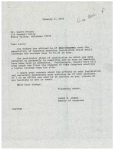 ["The document informs Larry Pruitt about the possibility of Congress enacting legislation to increase the minimum wage to $3.00 an hour. However, the legislation is still in committee and the chances of it passing are slim. James R. Jones shares Larry's concerns about the effects of the legislation and offers his assistance if needed."]