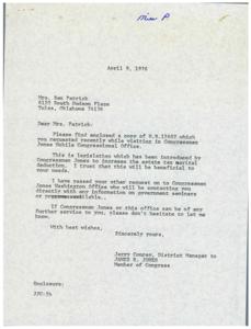 ["The document is from Jerry Conrey, District Manager to Congressman James R. Jones, to Mrs. Ben Patrick enclosing a copy of H.R.12687, legislation introduced by Congressman Jones to increase the estate tax marital deduction. Other requests made by Mrs. Patrick have been passed on to Congressman Jones' Washington Office for further assistance. Conrey offers further help if needed."]