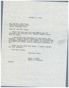 ["The document is a series of letters discussing General George Brown's comments about the Israeli army being more of a burden than an asset to the United States. The first letter from Mr. and Mrs. Passo expresses agreement with the sentiments of the recipient, Congressman James R. Jones, about General Brown's comments. The second letter from Mr. and Mrs. Panin urges Congressman Jones to take action against General Brown for his remarks. Additionally, a news article is included about the Pentagon reviewing General Brown's comments. Overall, the letters express concern and disapproval of General Brown's statement."]