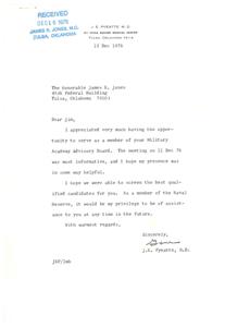 ["The author, J.E. Pyeatte, M.D., expresses gratitude for the opportunity to serve on the Military Academy Advisory Board for James R. Jones. He mentions that the meeting was informative and hopes that he was helpful in screening candidates. He also offers his assistance in the future as a member of the Naval Reserve."]