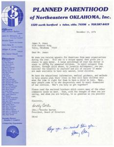 ["The document is a letter from Planned Parenthood of Northeastern Oklahoma, Inc. asking for donations to help provide educational information, medical guidance, and services for family planning. They emphasize the importance of only having children when the time is right and the benefits of supporting their organization. The document includes a list of officers and directors as well as a brochure outlining the community needs they meet."]
