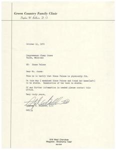 ["The document from Green Country Family Clinic, signed by Dr. Stephen W. Baldwin, confirms that Diane Palone is physically fit. Her left knee and back were found to be stable during an examination. The document offers to provide further information if needed."]