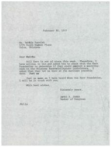 ["The document is from James R. Jones to Bobbie Parrish, informing her that he has contacted Bill Kerr about a possible contribution to the Oklahoma Intercollegiate legislature. Jones will be in touch with her once he hears back from the Kerr Foundation."]