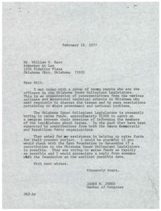 ["James R. Jones, a Member of Congress, is requesting assistance from Bill Kerr, an attorney, to help raise funds for the Oklahoma Inner Collegiant Legislature. The organization is seeking $1200 to inform members about issues between sessions. Jones asks Kerr to check with the Kerr Foundation to see if a contribution is possible and requests a prompt reply."]