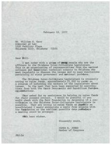 ["James R. Jones, a Member of Congress, met with the officers of the Oklahoma Inter-Collegiate Legislature, who are seeking funds to support their program of informing legislators about issues. Jones is asking William G. Kerr, an attorney, to check with the Kerr Foundation to see if a contribution is possible. He hopes for a quick response and possibly a meeting to discuss further support."]